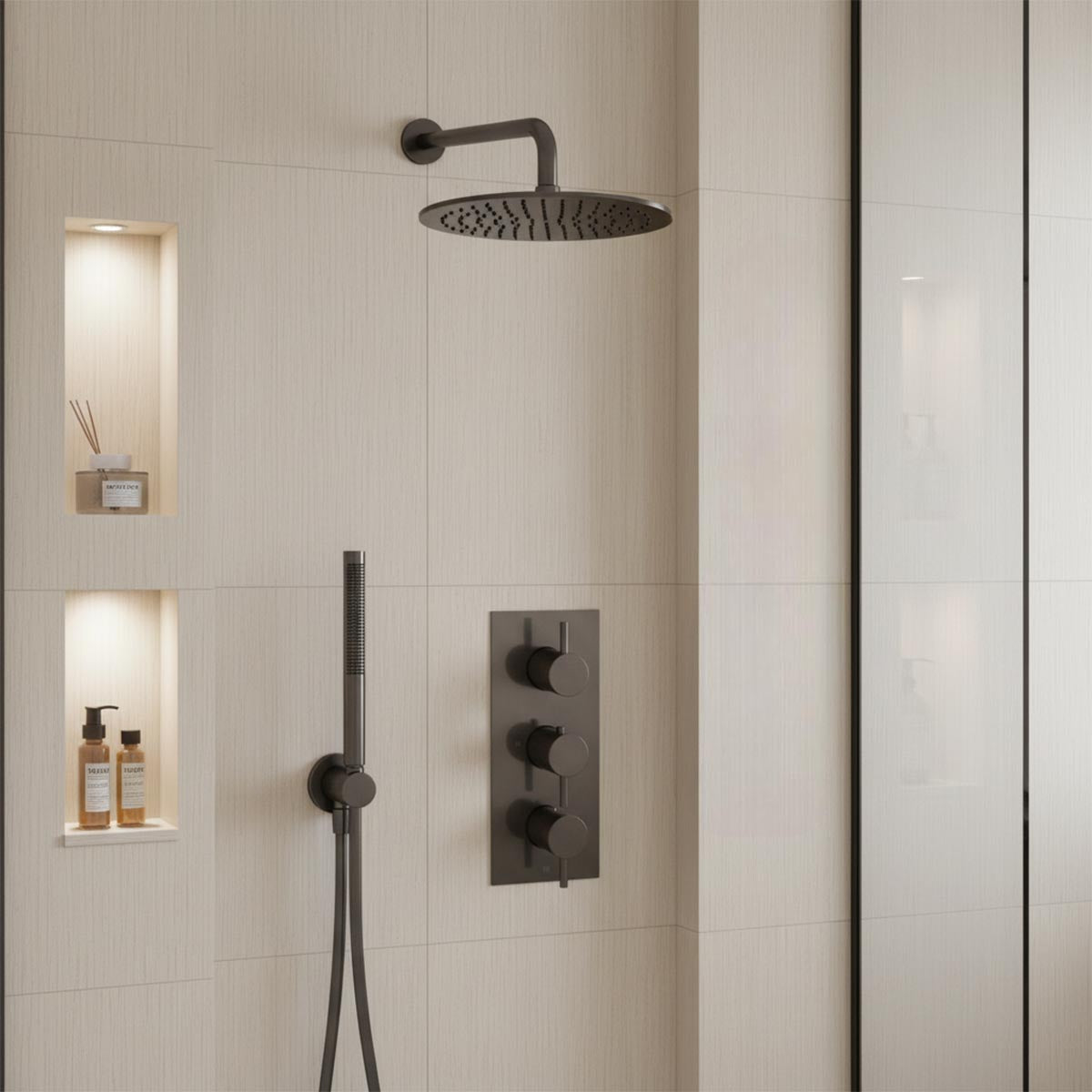 Brushed Black Shower Package with  Concealed Thermostatic 2 Outlet Valve, Fixed Shower Head & Arm and Shower Handset 