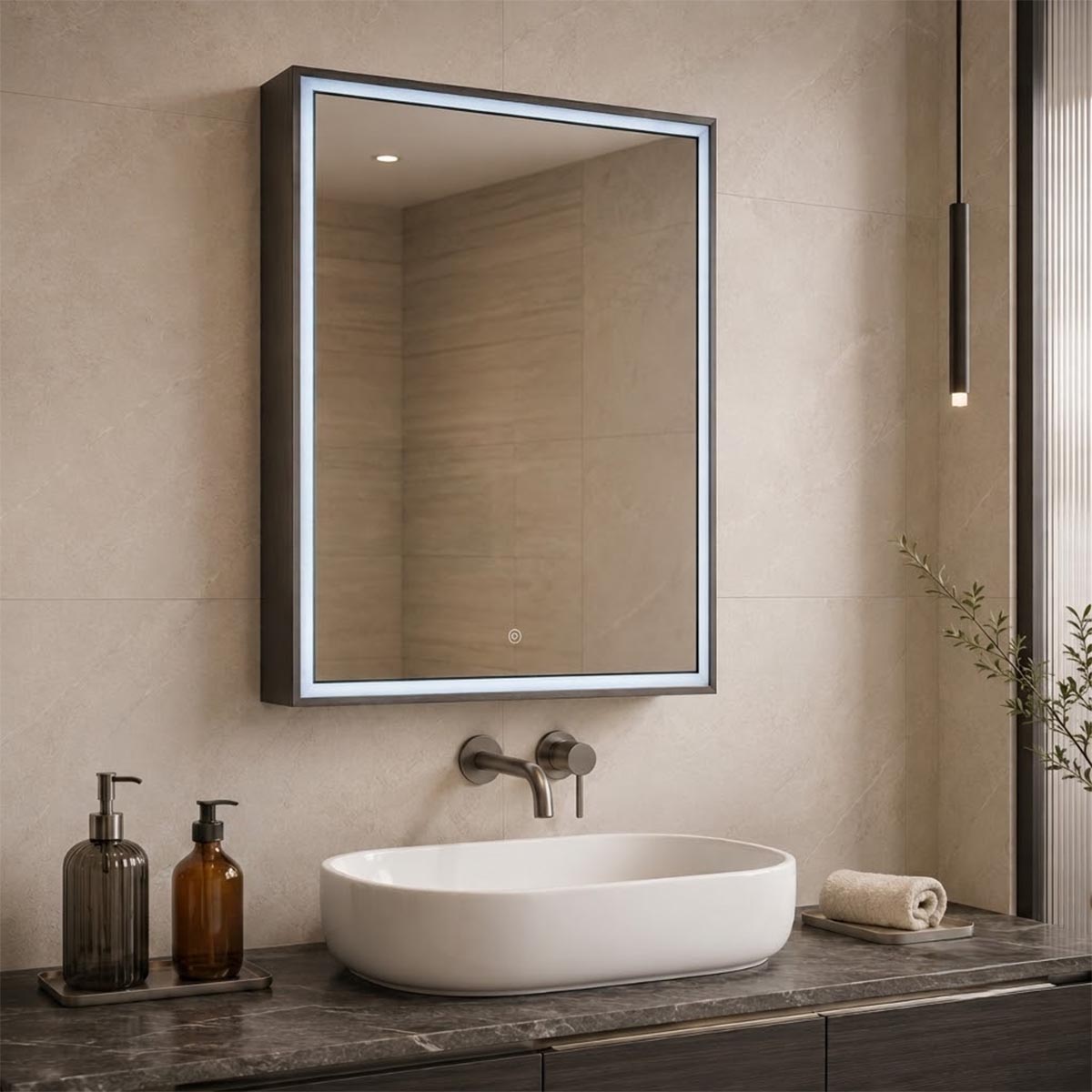 Brushed Black Single Door Bathroom Mirror Cabinet with LED Light, Sensor and Shaver Socket 