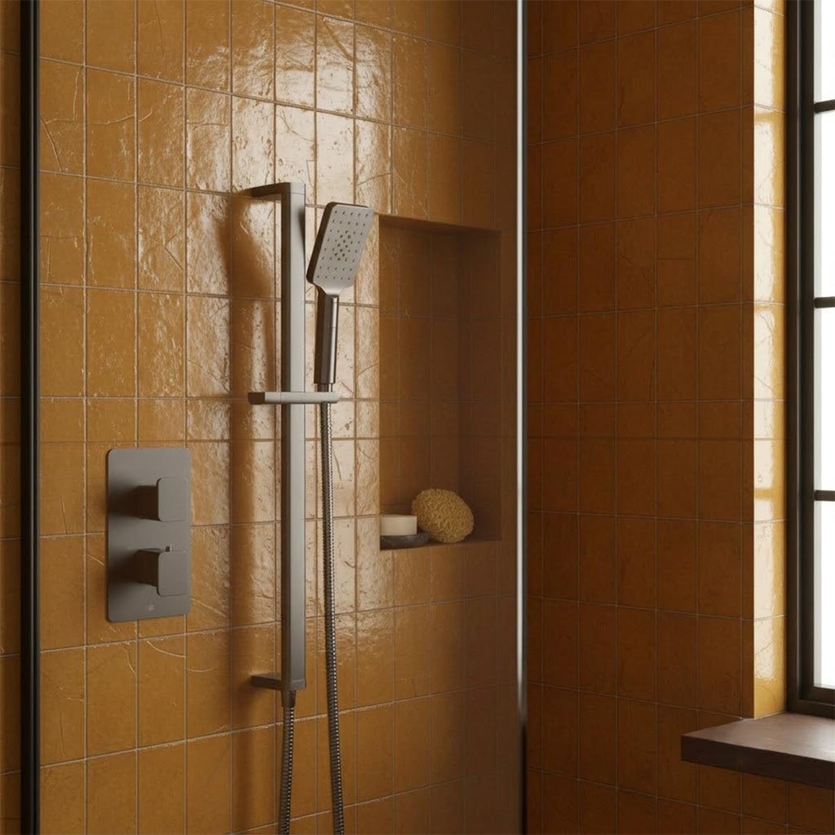 Brushed Black Slide Rail Kit with Rectangular Multifunction Shower Handset
