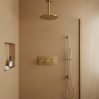 Brushed Brass 200mm Shower Head, 150mm Shower Arm, 2 Outlet Shower Valve and Slider Rail Kit