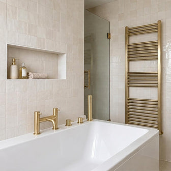Brushed Brass Deck Mounted Bath Filler Tap with Pullout Shower Handle, Heated Towel Rail 1200x 500mm with Corner Valves Main image