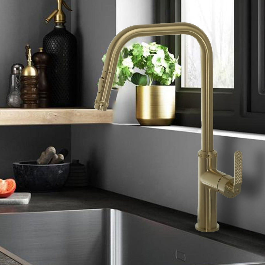 brushed brass kitchen tap with hose