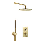 Brushed Brass Shower Pack with 2 Outlet Concealed Thermostatic Shower Valve, Fixed Showerhead  and Arm & Handset