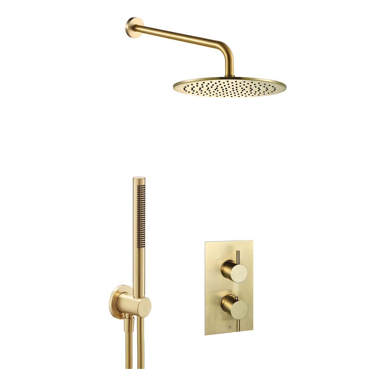 Brushed Brass Shower Pack with 2 Outlet Concealed Thermostatic Shower Valve, Fixed Showerhead  and Arm & Handset