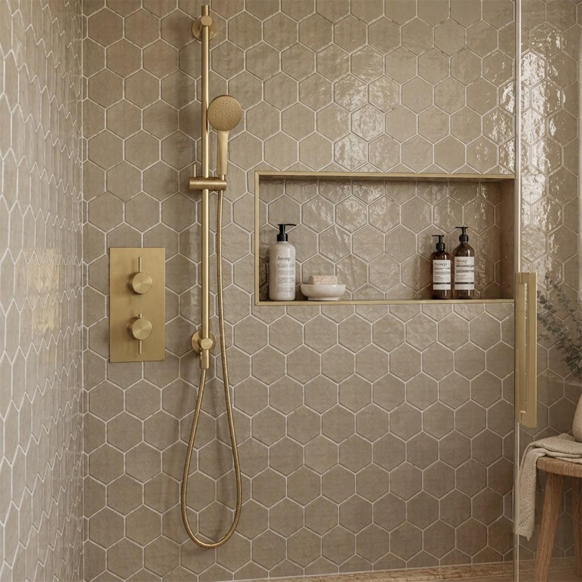 Brushed Brass Shower Set: One Outlet Thermostatic Valve & Slider Rail Kit with Handset