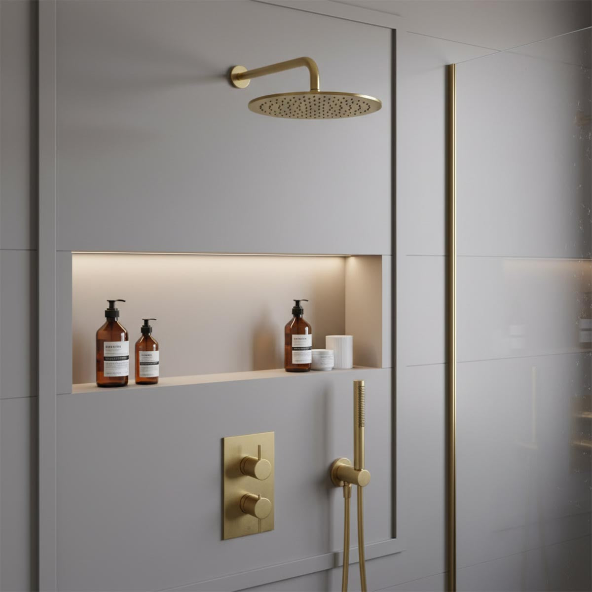 Brushed Brass Shower Set with 2 Outlet Concealed Thermostatic Shower Valve, Fixed Showerhead & Handset