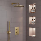 Brushed Brass Shower Set with 2 Outlet Concealed Thermostatic Shower Valve, Fixed Showerhead  and Arm & Handset