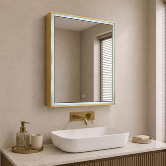Brushed Brass Single Door Bathroom Mirror Cabinet with LED Light, Sensor and Shaver Socket  Main image