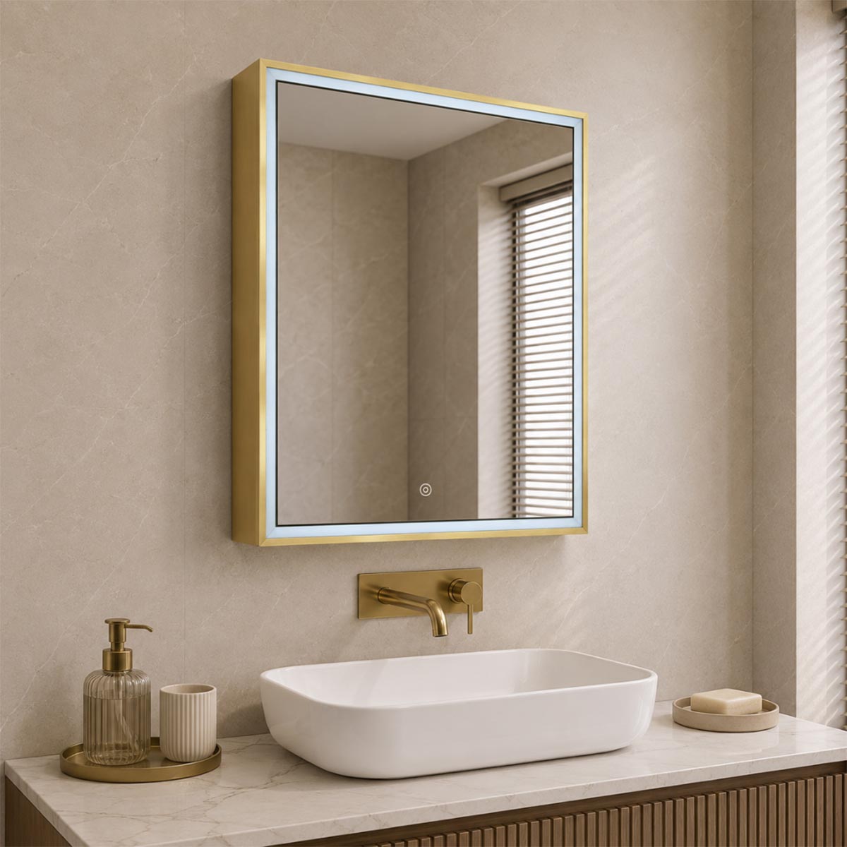 Brushed Brass Single Door Bathroom Mirror Cabinet with LED Light, Sensor and Shaver Socket 