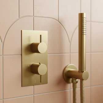 Brushed Brass Single Outlet Thermostatic Concealed Valve with Shower handset water outlet and hose Main image