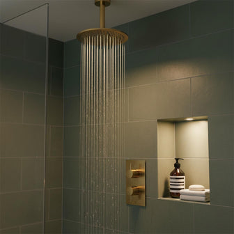 Brushed Brass 1 Outlet Thermostatic Shower Valve, 200mm Shower Head and Ceiling Mounted 150mm Shower Arm Main image