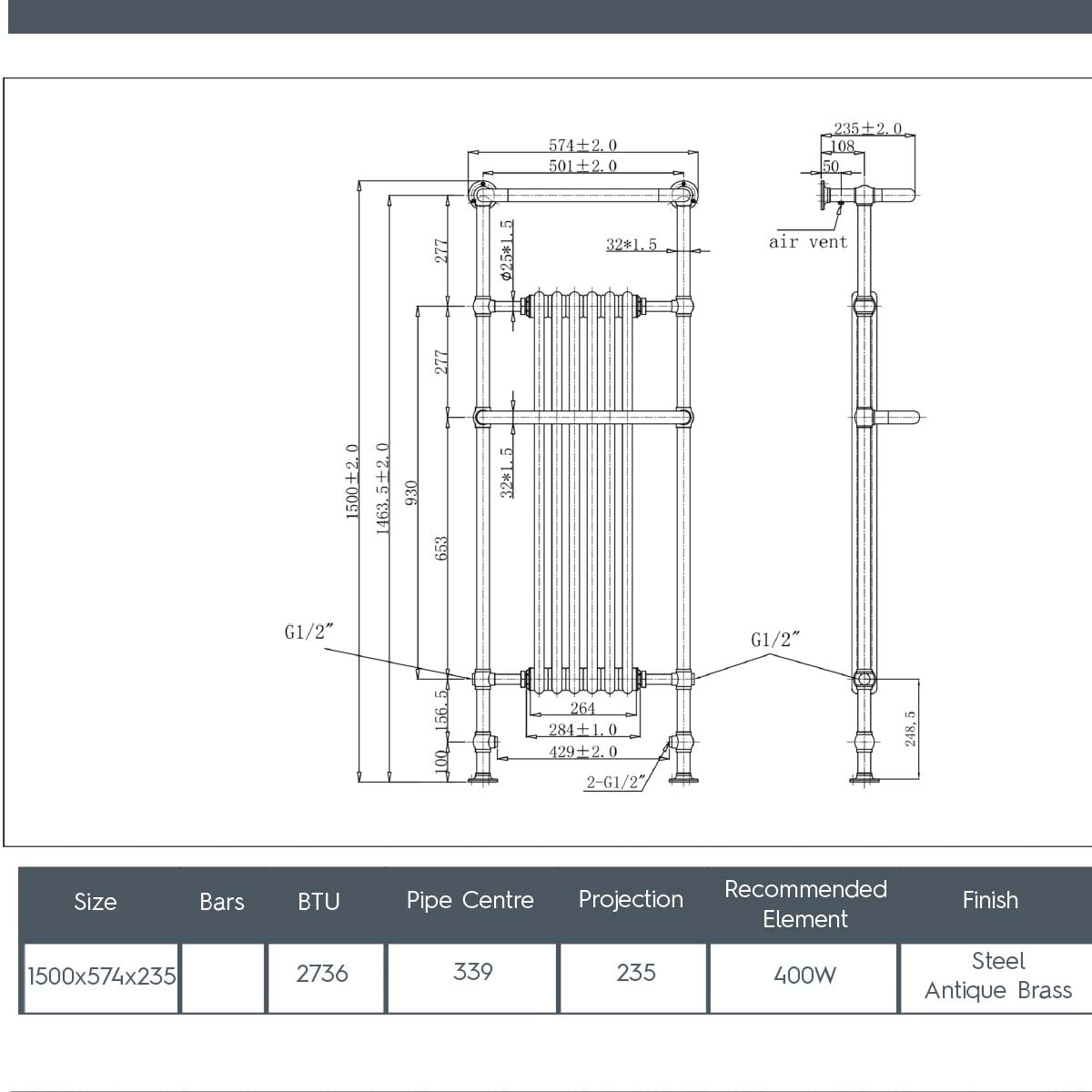Brushed Brass Towel Radiator with Two Overhanging Rails - 1500mm x 574mm technical details