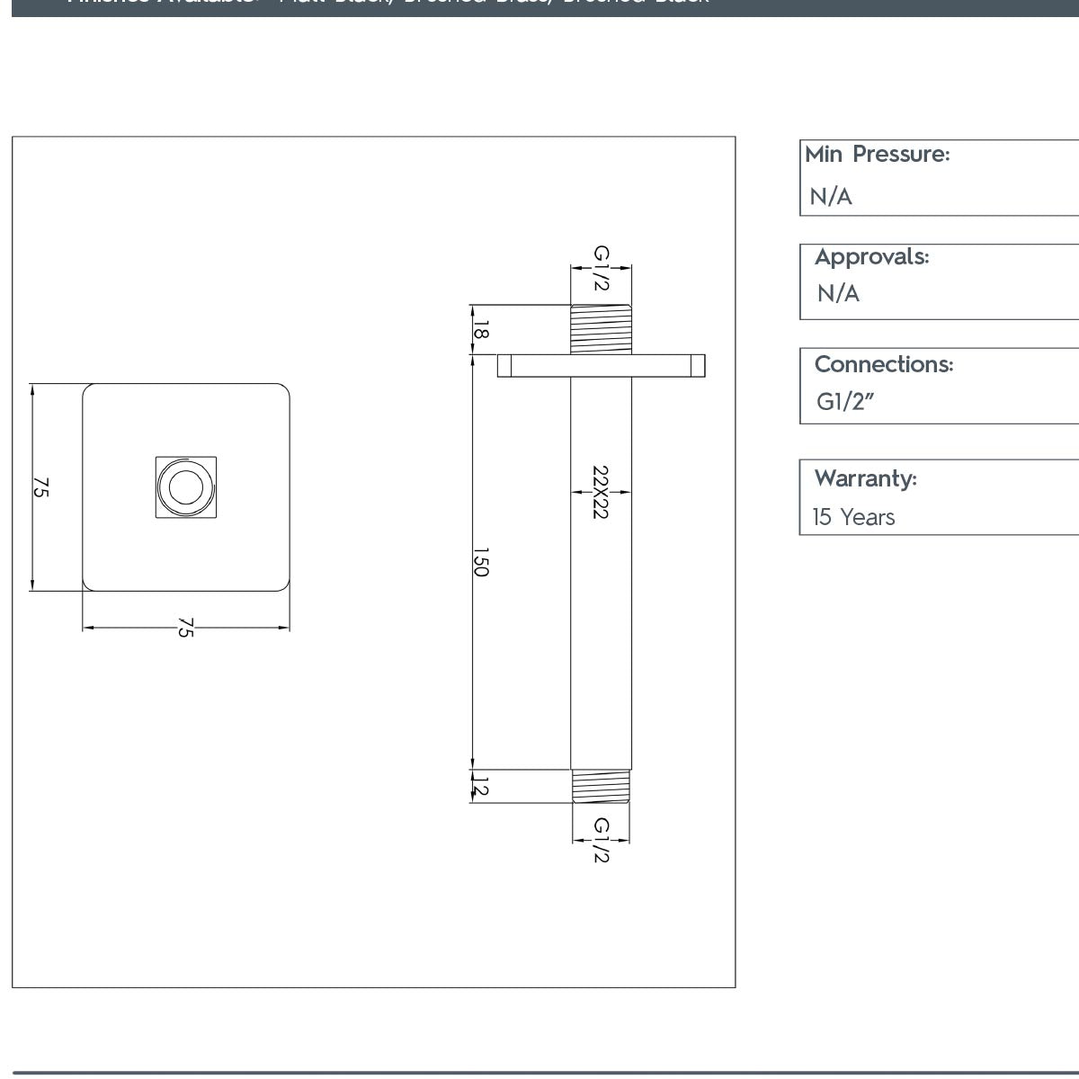 Brushed Bronze Square Ceiling Shower Arm 150mm TECHNICAL DETAILS