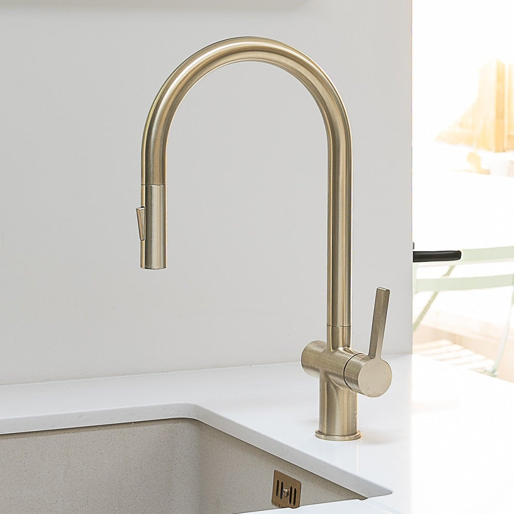Brushed Finished Brass Tap for the Kitchen with Pull-Out Spray and Swivelling Spout
