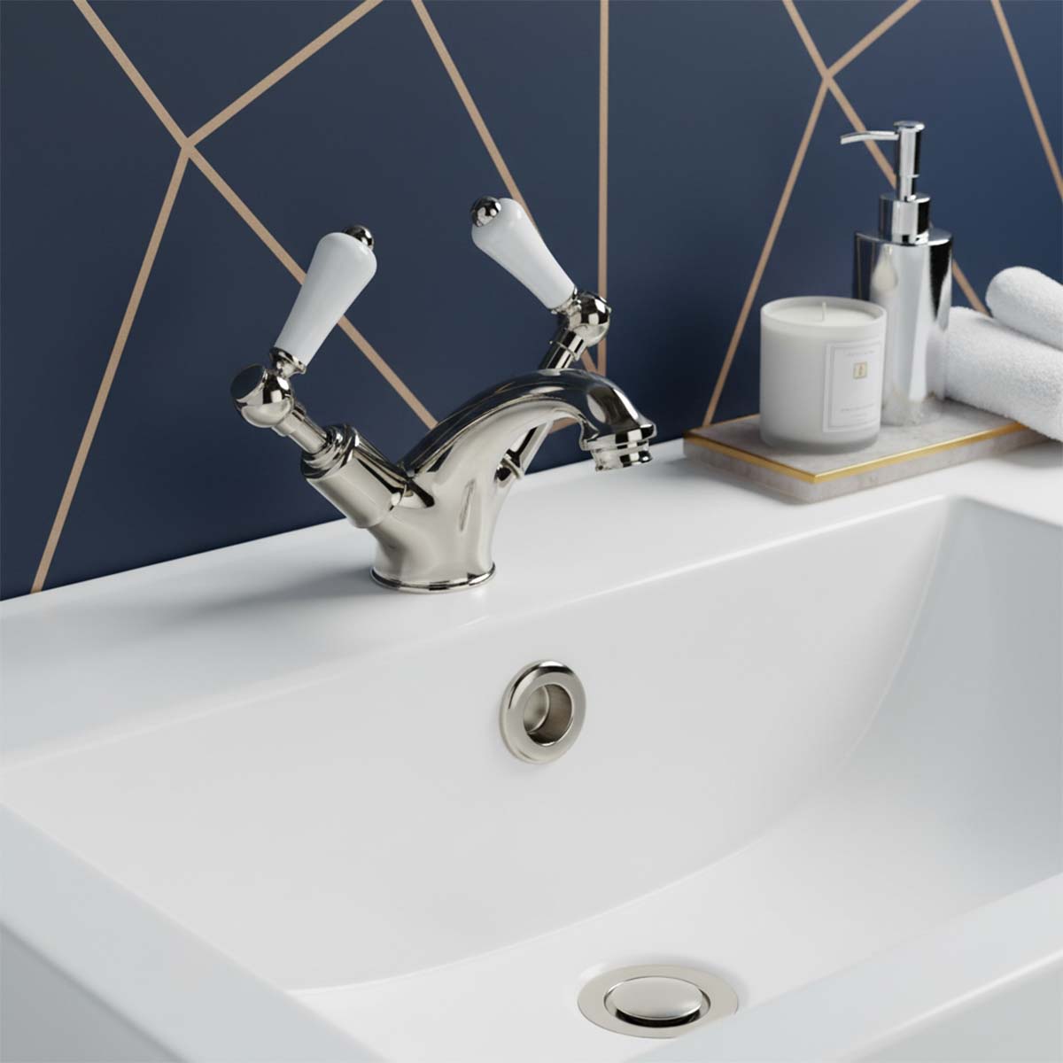 Brushed Nickel 2 lever basin mixer tap with waste