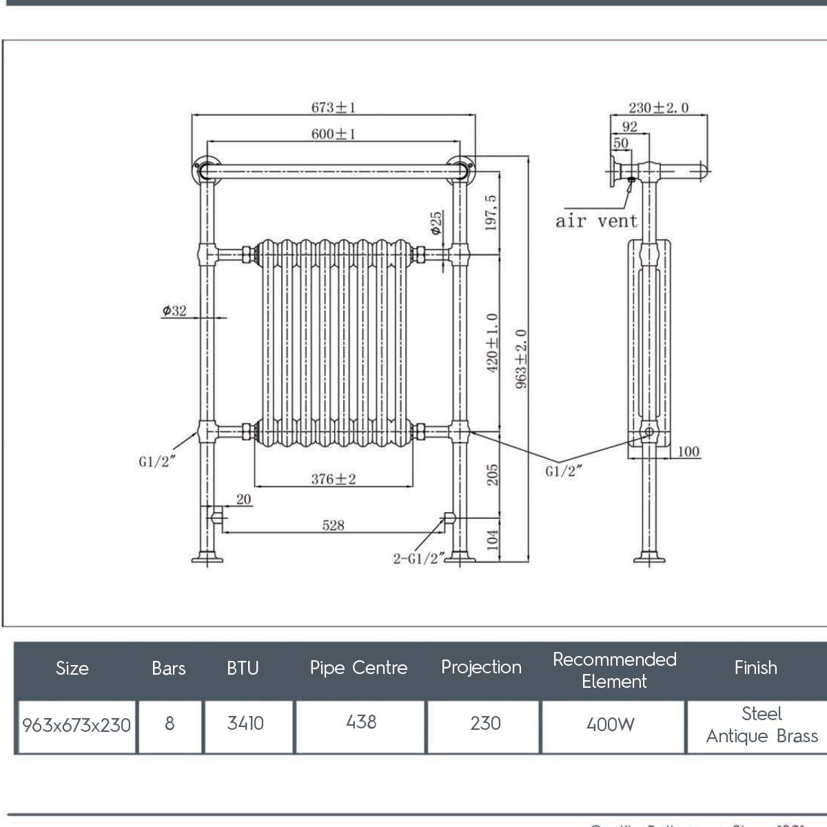 Brushed Nickel Traditional Heated Towel Rail Dual Fuel technical details 
