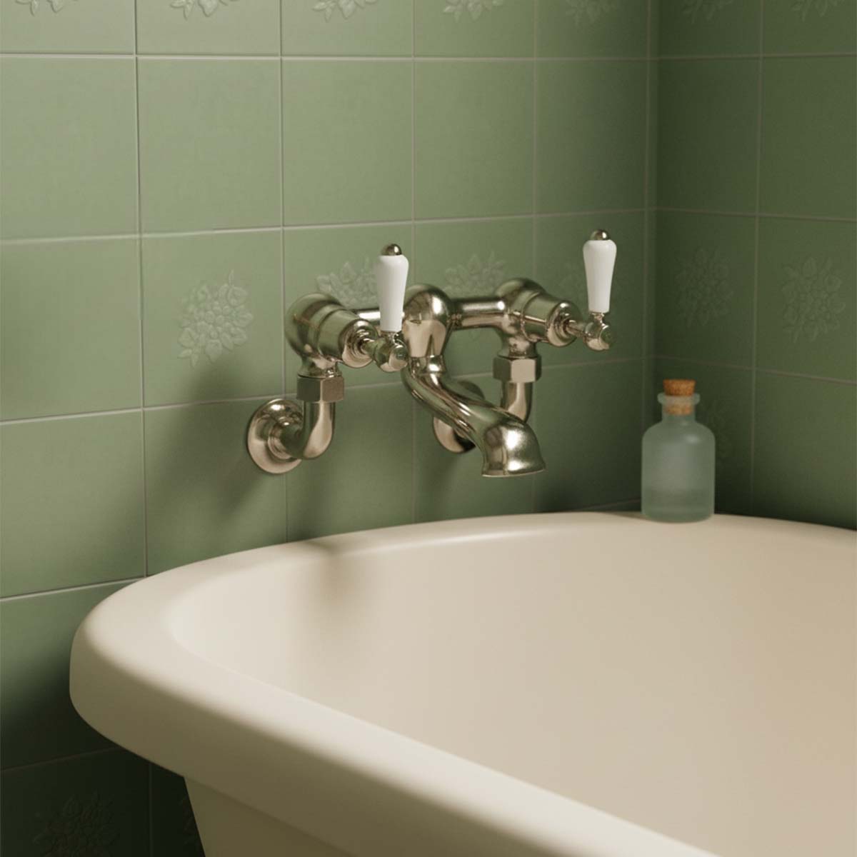 Brushed Nickel Victorian wall mounted bath filler tap 