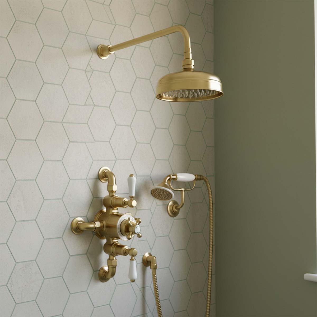 Brushed brass traditional exposed thermostatic valve with 2 outlet Main image