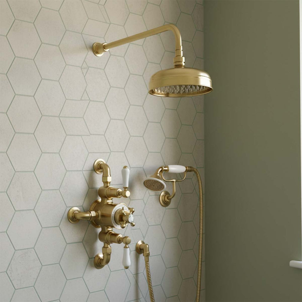 Brushed brass traditional exposed thermostatic valve with 2 outlet