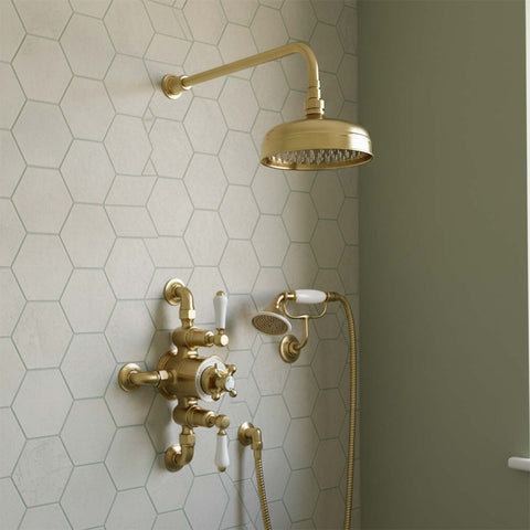 Brushed brass traditional exposed thermostatic valve with 2 outlet