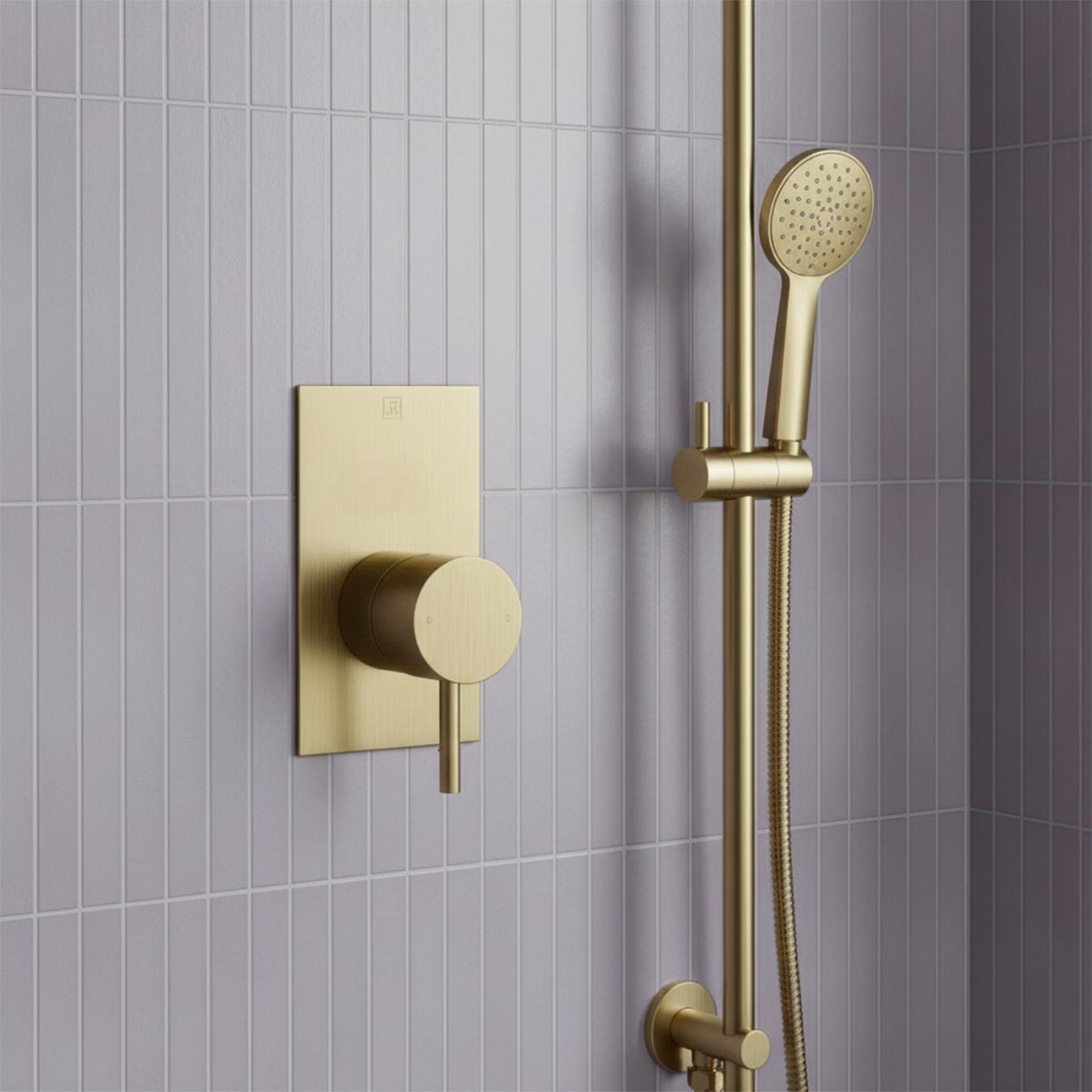 Brushed brass slider shower rail kit with single lever shower valve