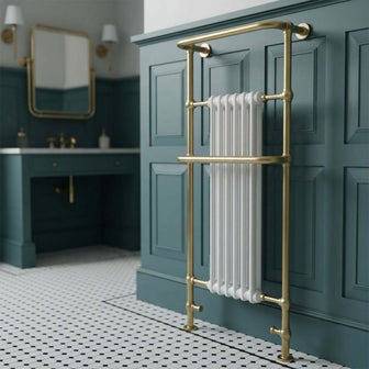 Brushed brass traditional freestanding dual fuel bathroom towel rail radiator Main image