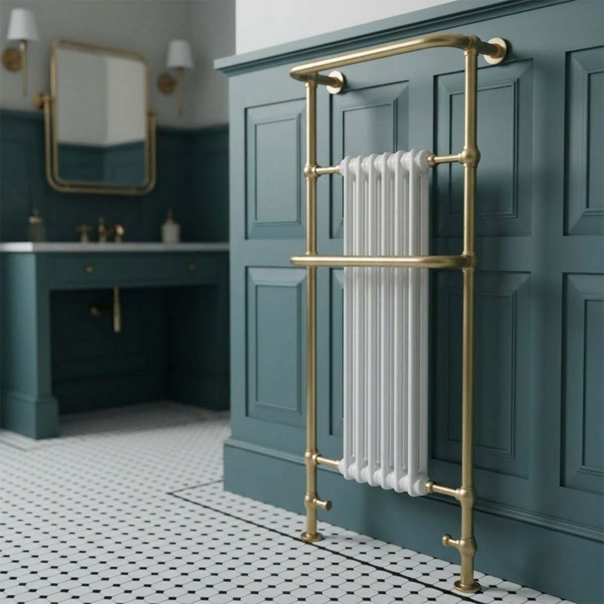 Brushed brass traditional freestanding dual fuel bathroom towel rail radiator