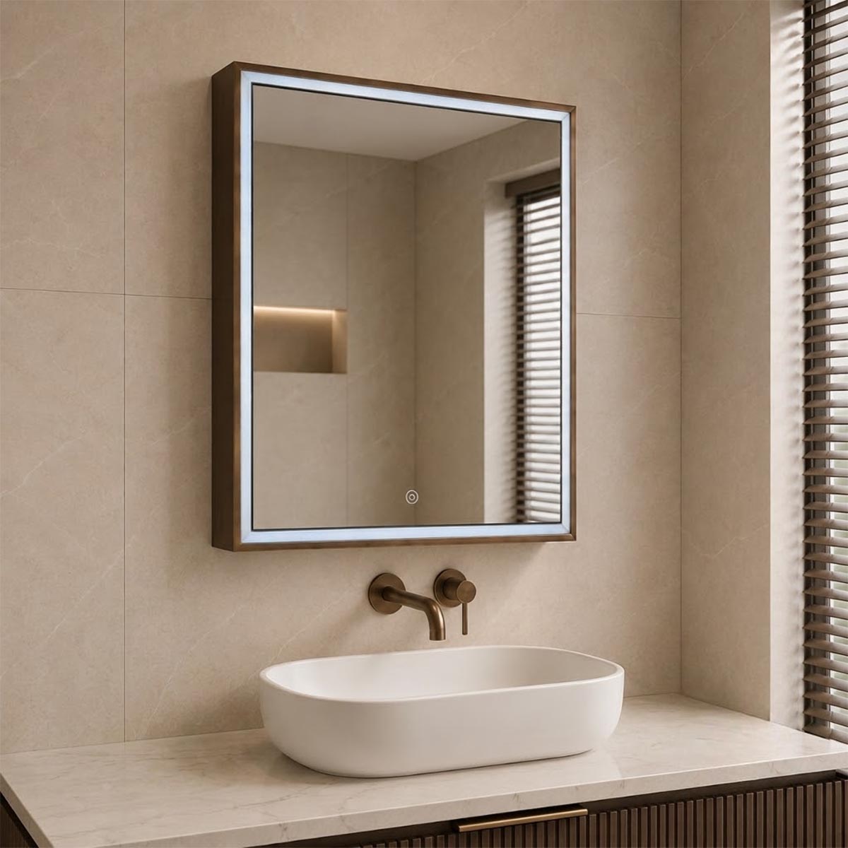 Brushed bronze Single Door Bathroom Mirror Cabinet with LED Light, Sensor and Shaver Socket 