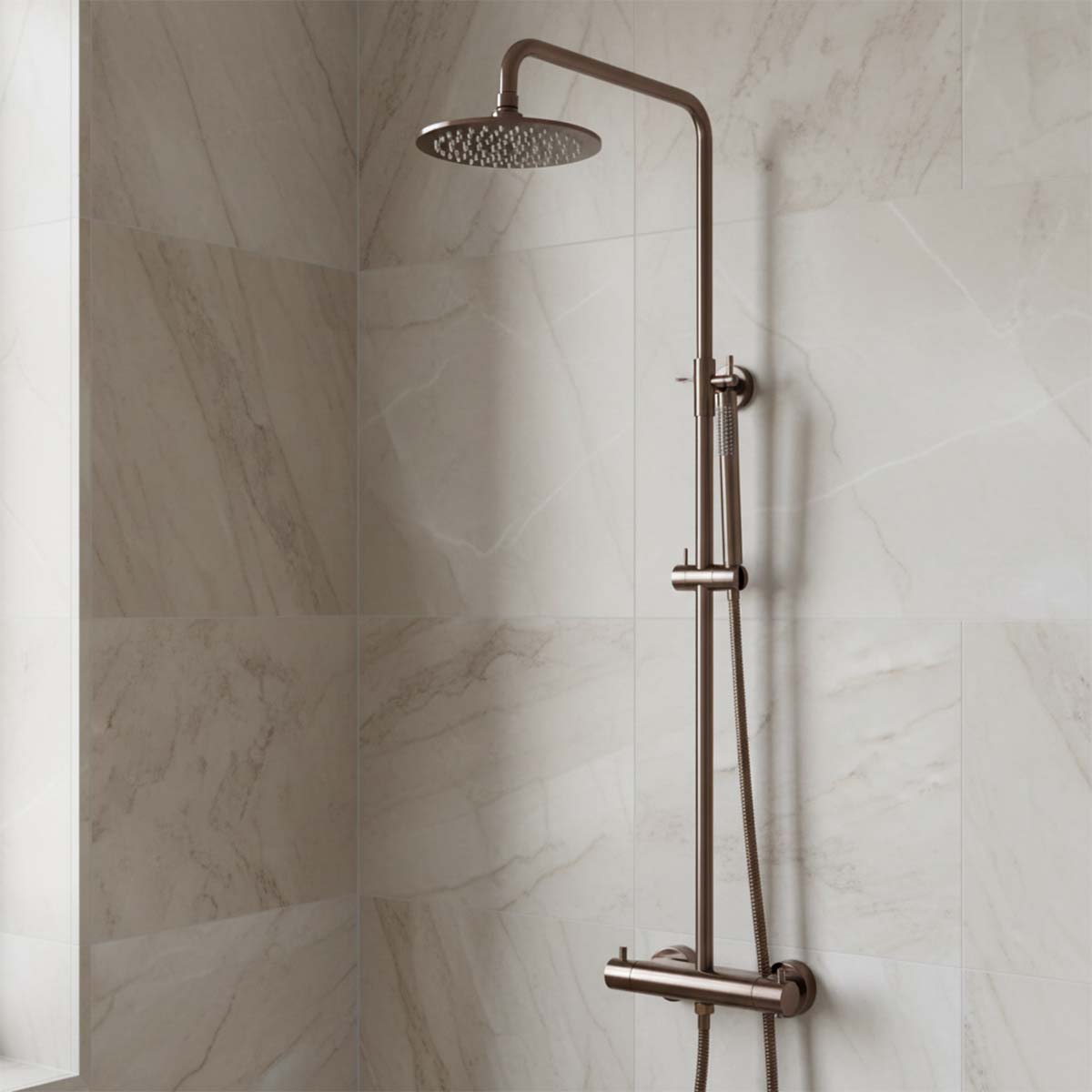Brushed bronze exposed thermostatic shower set with riser and fixed shower head