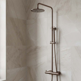Brushed bronze exposed thermostatic shower set with riser and fixed shower head Main image