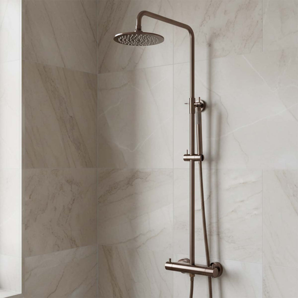 Brushed bronze exposed thermostatic shower set with riser and fixed shower head
