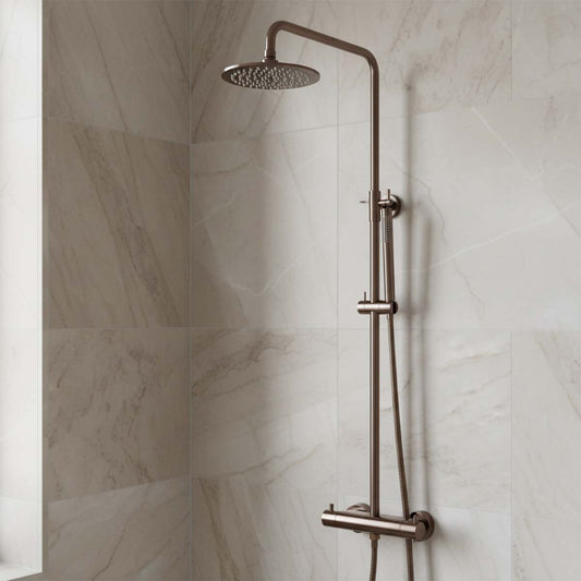 Brushed bronze exposed thermostatic shower set with riser and fixed shower head
