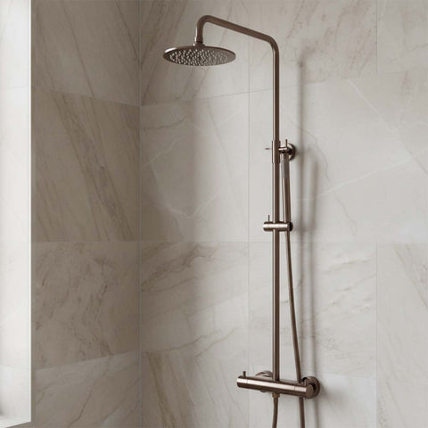 Brushed bronze exposed thermostatic shower set with riser and fixed shower head