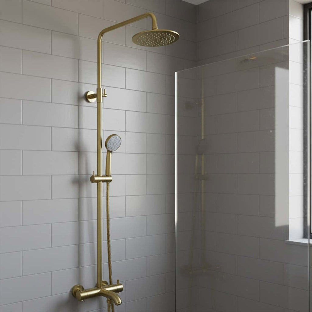 Exposed Thermostatic Shower with Adjustable Riser, Multifunction Shower Handheld Set - Brushed Brass