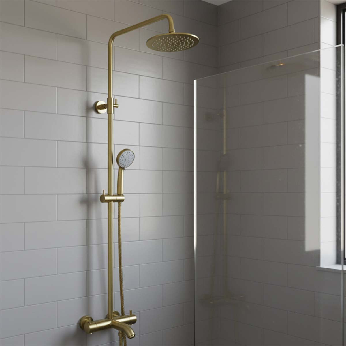 Brushed brass thermostatic shower set with multifunction handset and spout Main image