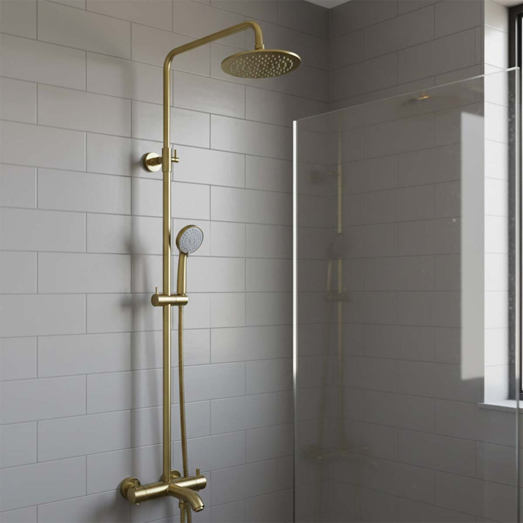 Brushed brass thermostatic shower set with multifunction handset and spout