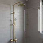 Brushed brass thermostatic shower set with multifunction handset and spout