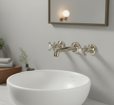 Brushed nickel 3 hole wall mounted basin mixer tap