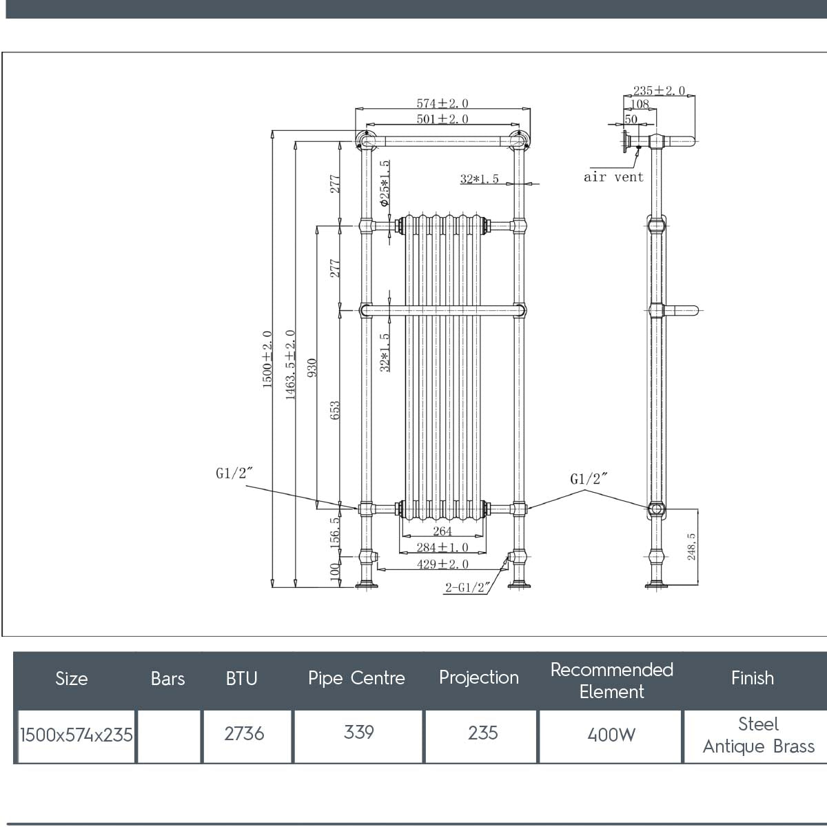 Brushed nickel tall duel fuel towel radiator technical details
