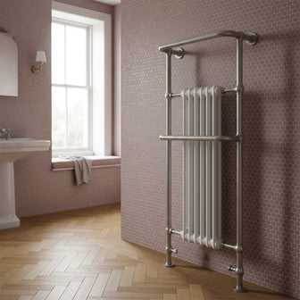 Brushed nickel tall towel rail radiator dual fuel and electric Main image