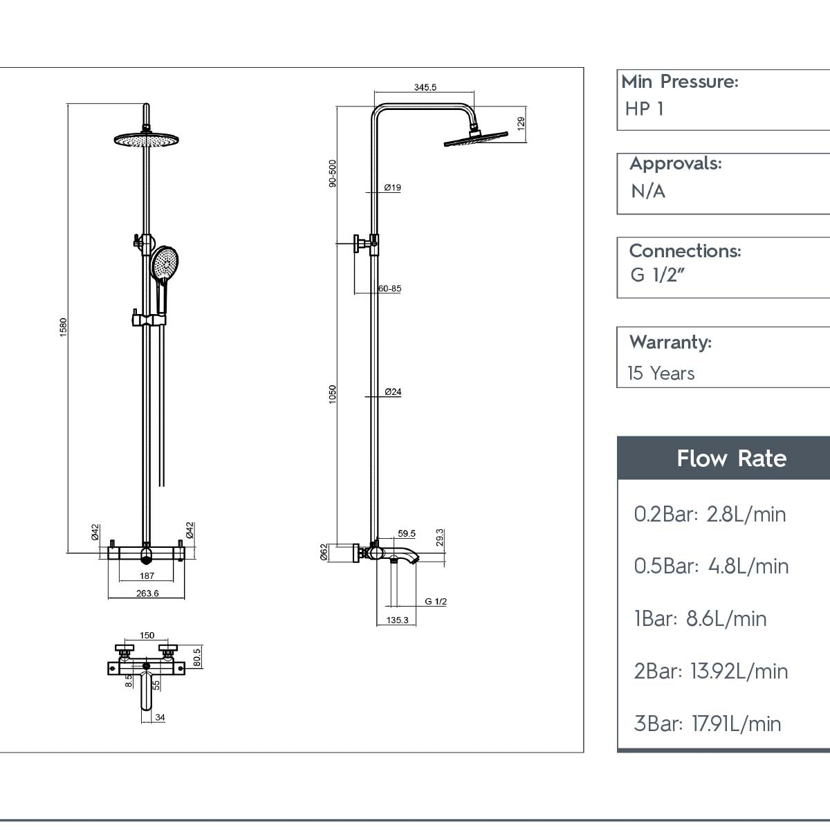 Chrome Adjustable Overhead Shower with Handset and Bath Spout - Technical details