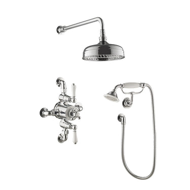 Chrome Dual Exposed Thermostatic Shower Valve Elbow Handset Fixed Shower Head and Arm