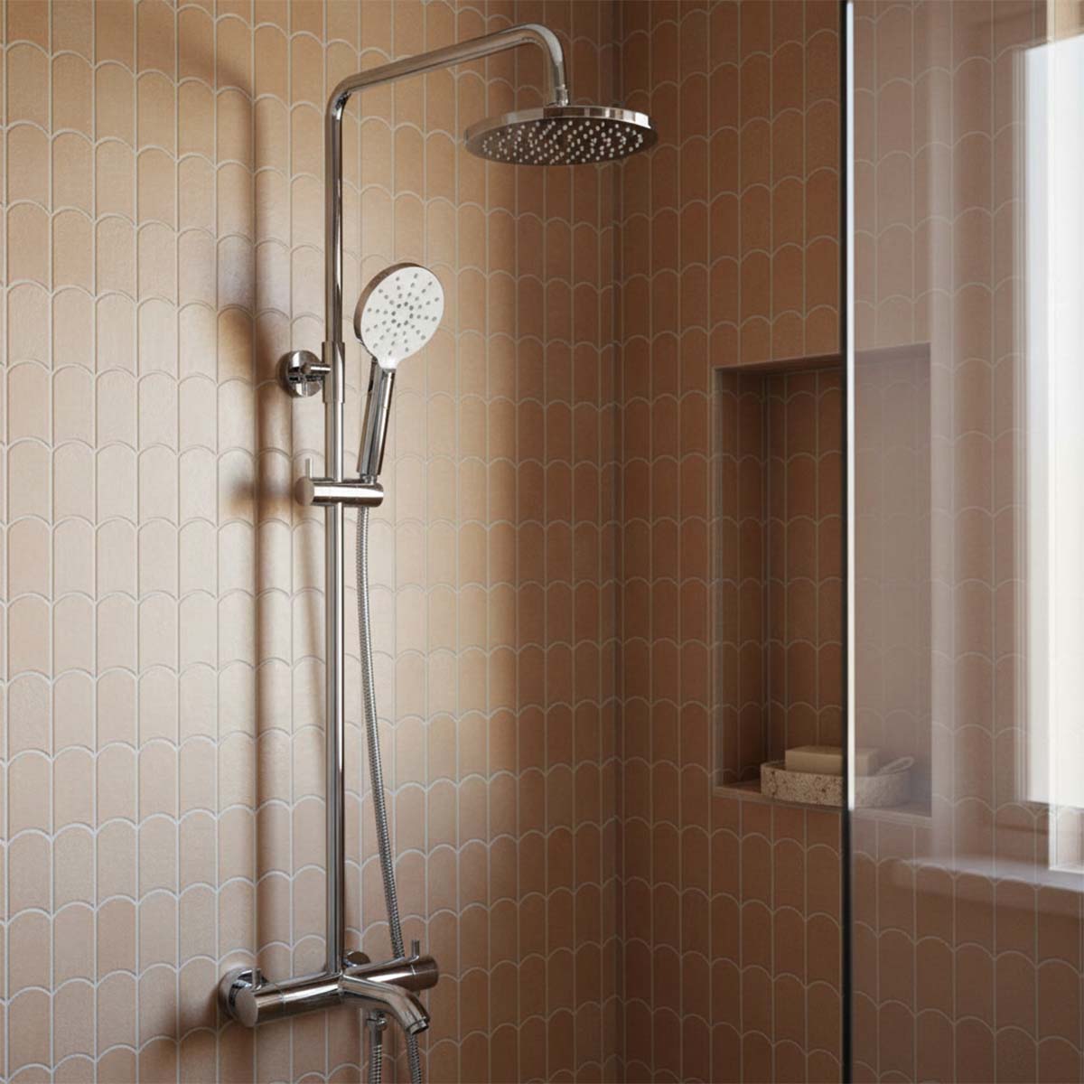 Chrome Overhead Shower with Handset, Bath Spout and Thermostatic Bar