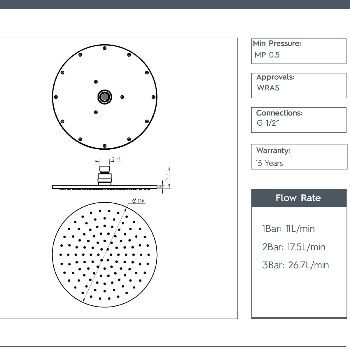Chrome Round Shower Head - 250mm technical details 