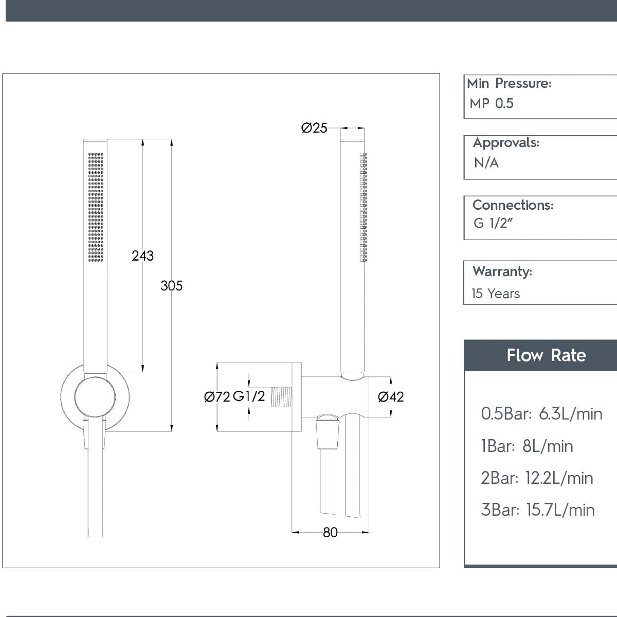Chrome Shower Handset, Hose and Water Outlet technical details