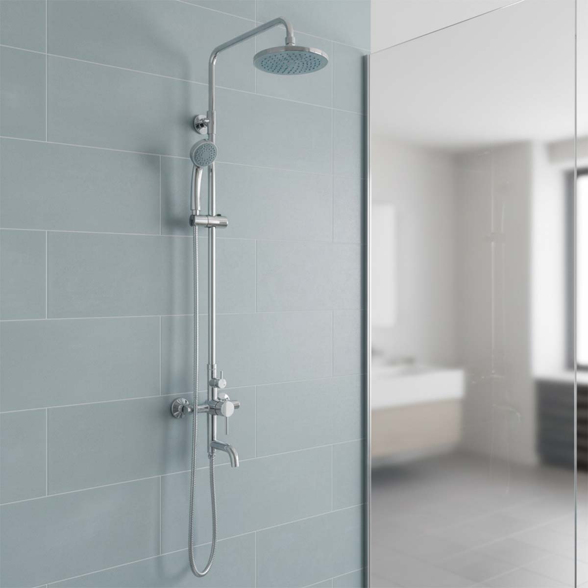 Chrome Shower Set with Overhead Shower, Round Hand Shower and Bath Spout Main image