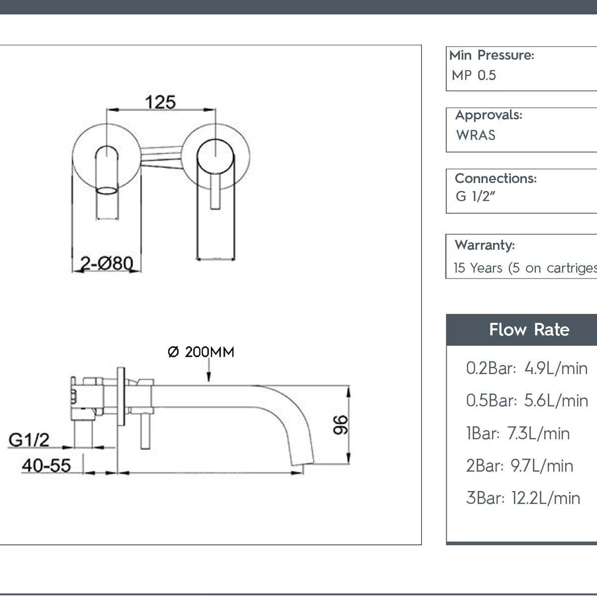 Chrome Single Lever Basin Mixer Tap Wall Mounted - 150mm