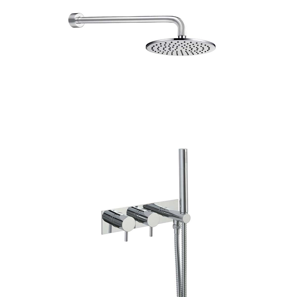 Chrome Thermostatic Concealed 2 Outlets Shower Valve with Attached Handset and Shower Head & Arm 