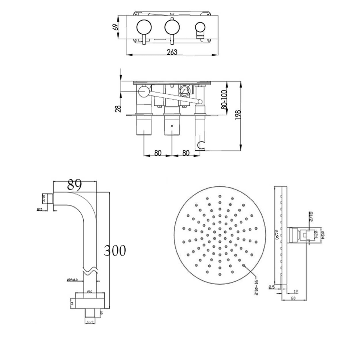 Chrome Thermostatic Concealed 2 Outlets Shower Valve with Attached Handset and Shower Head & Arm technical drawing