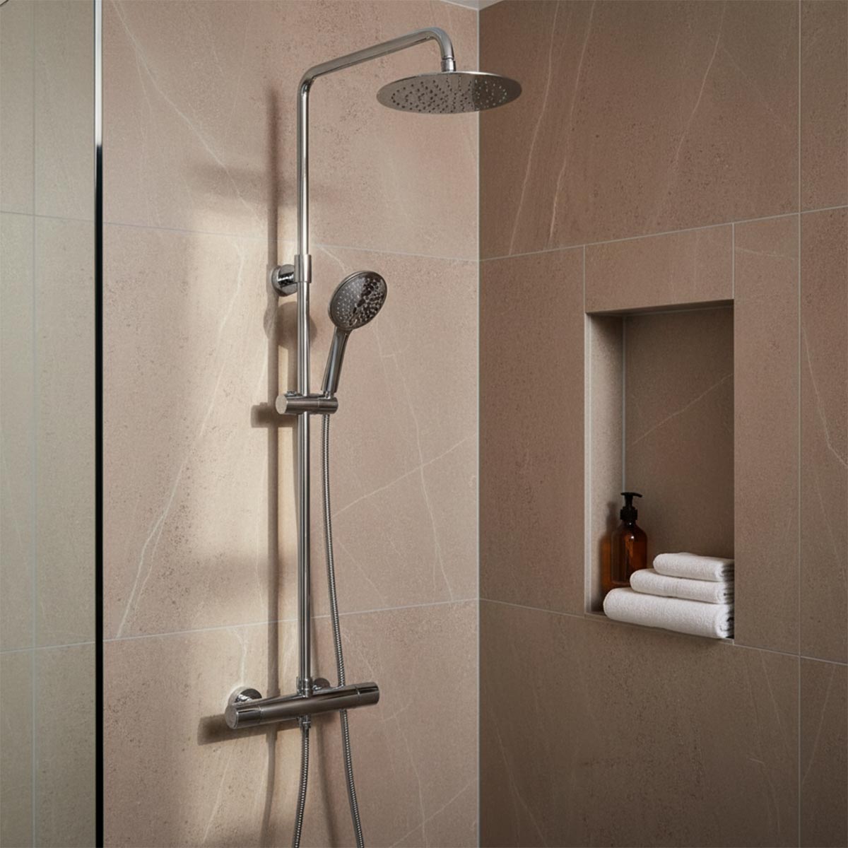 Chrome Thermostatic Shower Mixer with 2 Outlets and Adjustable Riser
